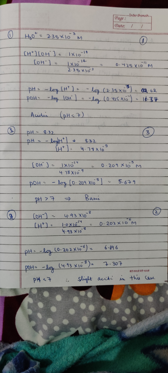 -Inderdhanush Page : Date: / / 0 Hot = 2.35x10 CH + ][OH J = 1x10-14 [OH-] = 1x1014 Cha- 2.35x103 0.425 X 10 M pH = -log [H]