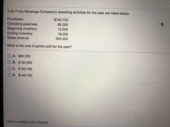 Tuity Fruity Beverage Companys operating activities for the year are listed below. Purchases Operating expenses Beginning in