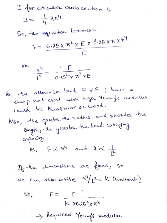 I for circular cross section is J= 7n4 So, the equation becomes! F= 0,25 x 72 x E x 0.25 x2x44 ² on + E 0.252xx² χ ΛχE As, t