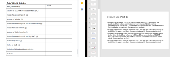 Data Table B: Dilution 5.5 M Assigned Molarity » Volume of 2.00 M NaCl added to flask (mL) 7 Mass of evaporating dish (9) Pro