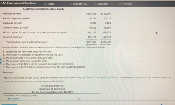 Show Me How Calculator Print item 16-3 Exercises and Problems eBook Llabilities and Stockholders Equity Accounts payable Acc
