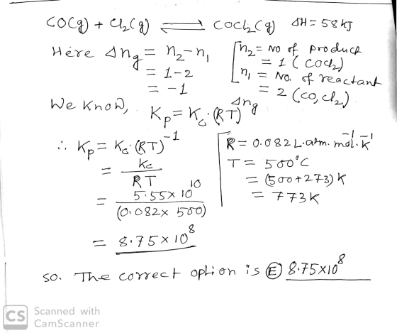 cOcg) + CbCg) = Cocl, C4) SH=58KJ Here -na-n, h = no of product = Il code) = 1-2 ng No. of reactant = -1 = 2 (co, 2) ке Ang =