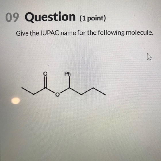 09 Question (1 point) Give the IUPAC name for the following molecule. an
