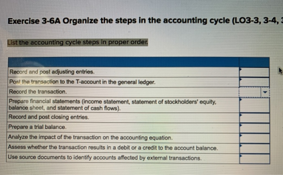 Exercise 3-6A Organize the steps in the accounting cycle (LO3-3, 3-4, 1 List the accounting cycle steps in proper order. Reco