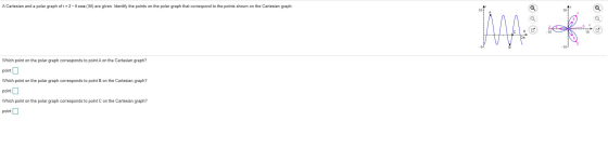 A Cartesian and a polar graph of r=2- 6 cos (30) are given. Identify the points on the polar graph that correspond to the poi