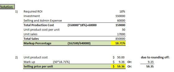 Solution: (550000*18%)+60000 Required ROI Investment Selling and Admin Expense Total Production Cost Unit product cost per un