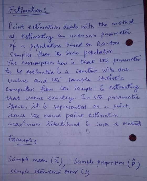 a Point estimation deals with the method Estimation: of estimating an unknown parameter of population based on Random Samples