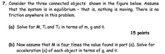 7. Consider the three connected objects shown in the figure below. Assume that the system is in equilibrium - that is, nothin