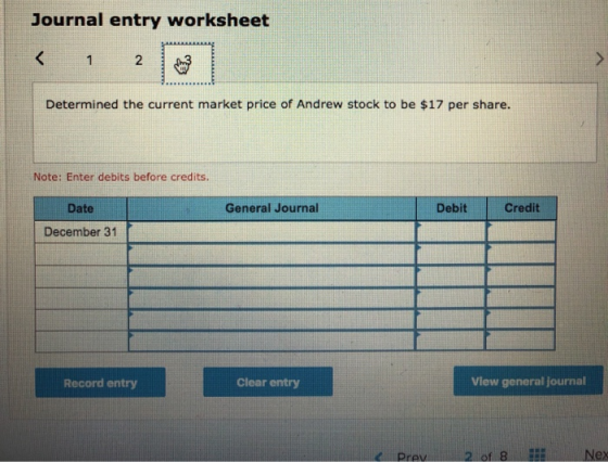 Journal entry worksheet 2 Determined the current market price of Andrew stock to be $17 per share. Note: Enter debits before