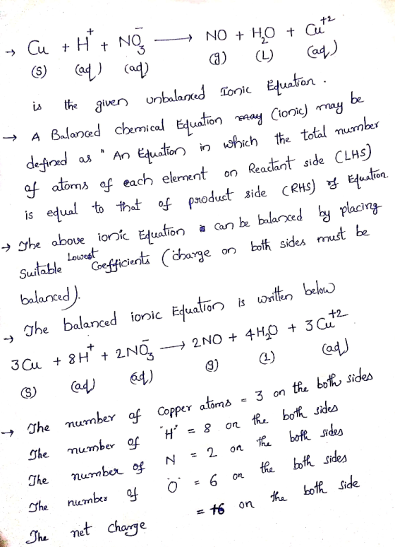 > Cu + H+ No --NO + H2O + Cut? (5) (aq) (ad) (9) (L) (aq) is the given unbalanced Ionic Equation . → A Balanced chemical Equa