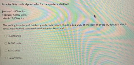 Paradise Gifts has budgeted sales for the quarter as follows: January 11,000 units February 13,000 units March 17,000 units T