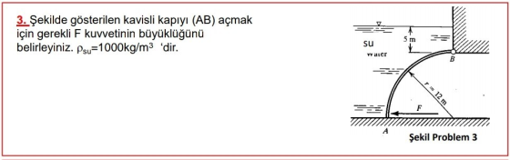 3. Şekilde gösterilen kavisli kapıyı (AB) açmak için gerekli F kuvvetinin büyüklüğünü belirleyiniz. Psu=1000kg/m3 dir. 5 m S