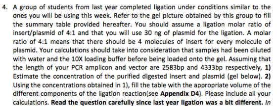 4. A group of students from last year completed ligation under conditions similar to the ones you will be using this week. Refer to the gel picture obtained by this group to fill the summary table provided hereafter. You should assume a ligation molar ratio of insert/plasmid of 4:1 and that you will use 30 ng of plasmid for the ligation. A molar ratio of 4:1 means that there should be 4 molecules of insert for every molecule of plasmid. Your calculations should take into consideration that samples had been diluted with water and the 10X loading buffer before being loaded onto the gel. Assuming that Estimate the concentration of the purified digested insert and plasmid (gel below). 2] Using the concentrations obtained in 1), fill the table with the appropriate volume of the different components of the ligation reaction(see Appendix D4). Please include all your calculations. Read the question carefully since last year ligation was a bit different. In