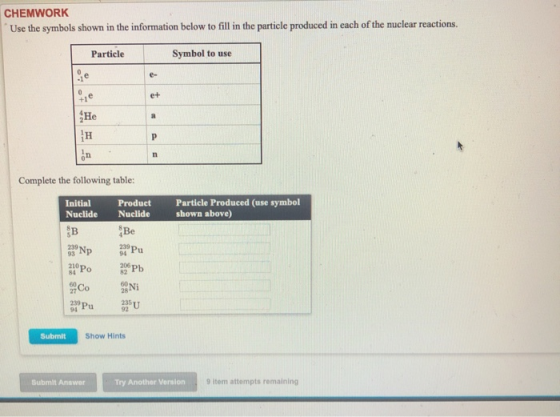 CHEMWORK Use the symbols shown in the information below to fill in the particle produced in each of the nuclear reactions. Pa
