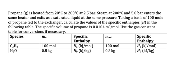Propane (g) is heated from 20°C to 200°C at 2.5 bar. Steam at 200°C and 5.0 bar enters the same heater and exits as a saturat
