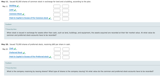 May 11. Issued 85,000 shares of common stock in exchange for land and a building, according to the plan. May 11 Building ✓ La