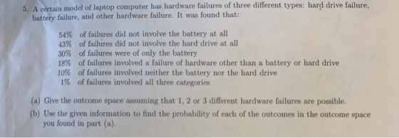 5. A certain model of laptop computer has hardware failures of three different types: hard drive failure, battery failure, an