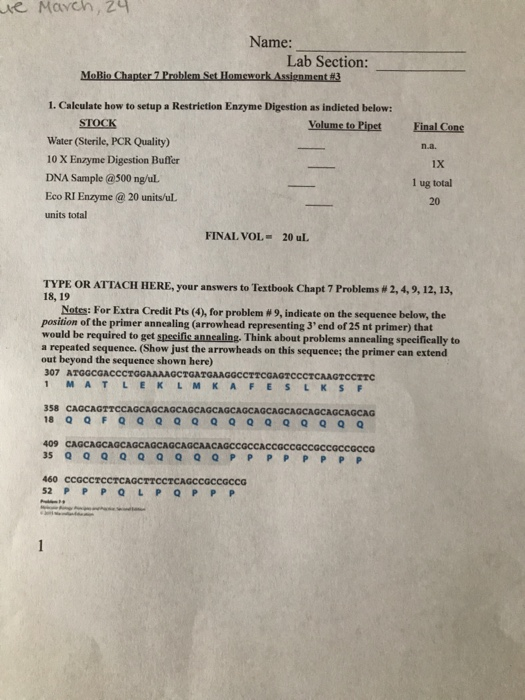 ure March, 24 Name: Lab Section: MoBio Chapter 7 Problem Set Homework Assignment #3 Final Cone n.a. 1. Caleulate how to setup