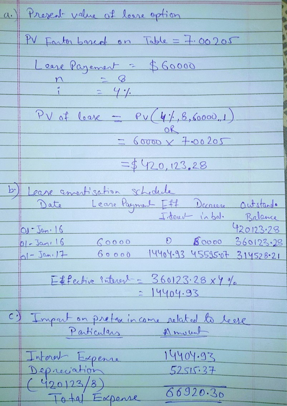 a. a. Prosent value of lease option PV Farton based Table = 7.00205 Leare Payament $ 60000 i PV of lease - PVC4%.8.60000, OR