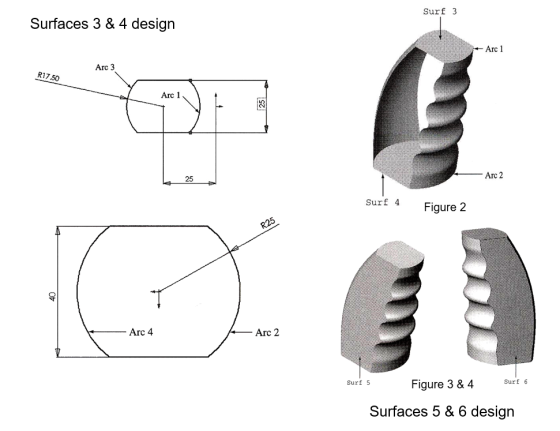 Surf 3 Surfaces 3 & 4 design Arc 1 Arc 3 R17.50 Arc 1 25 Arc 2 Surf 4 Figure 2 Arc 4 Arc 2 Figure 3 & 4 uts Surf 5 Surf Surfa