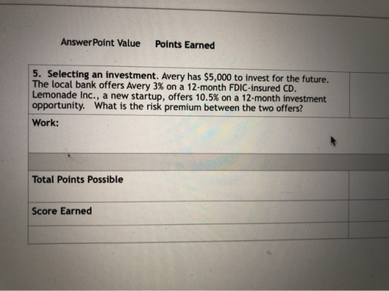 Answer Point Value Points Earned 5. Selecting an investment. Avery has $5,000 to invest for the future. The local bank offers