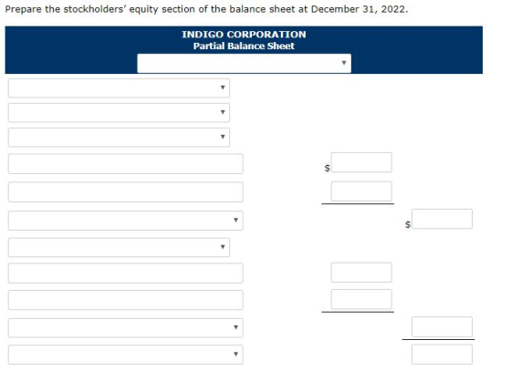 Prepare the stockholders equity section of the balance sheet at December 31, 2022. INDIGO CORPORATION Partial Balance Sheet