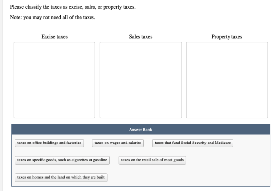 Please classify the taxes as excise, sales, or property taxes. Note: you may not need all of the taxes. Excise taxes Sales ta