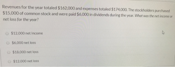 Revenues for the year totaled $162,000 and expenses totaled $174.000. The stockholders purchased $15,000 of common stock and