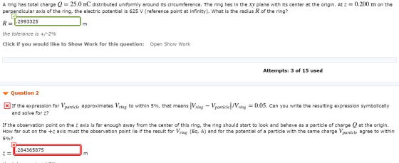 0.200 m on the A ring has total charge Q = 25.0 nC distributed uniformly around its circumference. The ring lies in the xy pl