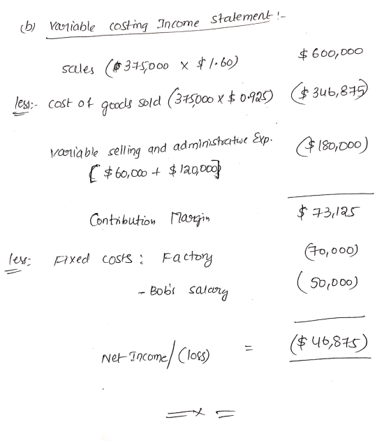 (b) Variable costing Income statement !- $ 600,000 selles ($375,000 x $1.60) leso; cost of goods sold (315000 x $0.923) ($346