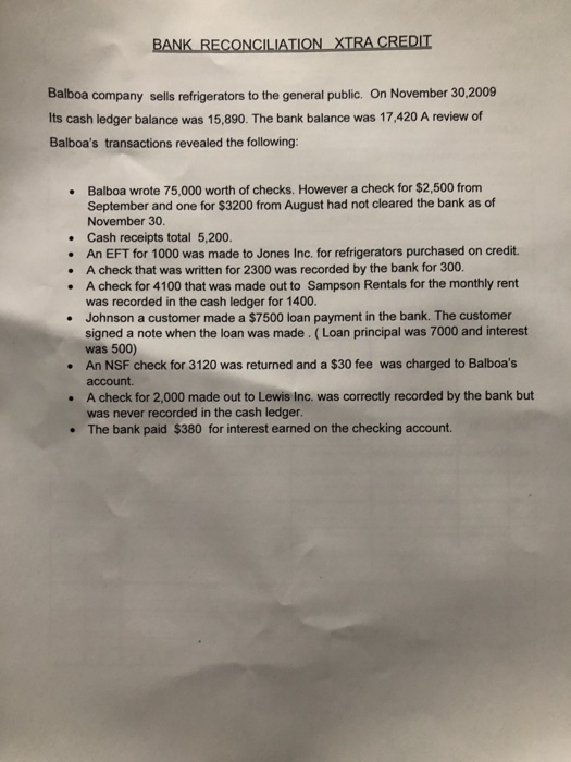 BANK RECONCILIATION XTRA CREDIT Balboa company sells refrigerators to the general public. On November 30,2009 Its cash ledger