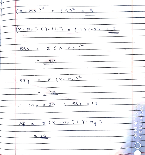 (x-mx (3) g (x. - Mx Cr. My - 2 = (-1) (-2) SSX E (X-MX) ssy & cr- My)² xss = 20 SSY OTE REDMI NOTE PRI MI DUAL CAMERA ds E C