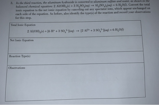 3. In the third reaction, the aluminum hydroxide is converted to aluminum sulfate and water, as shown in the balanced chemica