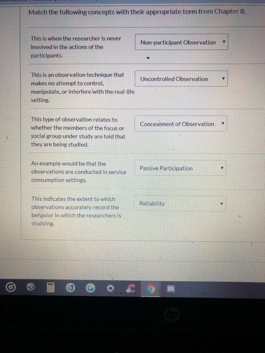 Match the following concepts with their appropriate term from Chapter 8. Non-participant Observation This is when the researc