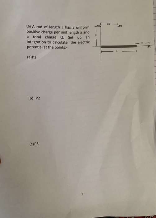 P3 Q6 A rod of length L has a uniform positive charge per unit length 1 and total charge Q. Set up an integration to calculat