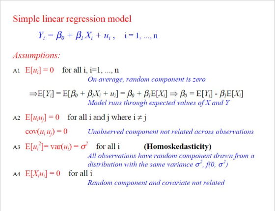 Simple linear regression model Assumptions: AI E[u] 0 for all i, i1, .., n On average, random component is zero Model runs through expected values of Yand Y A2 E[uaij]-0 for all i and j where i /j COV(IIİlh)- Unobserved component not related across observations E[14]= for all i All observations have random component dravn from a distribution with the same variance σ2 , f(0,02) A3 var(11i)-σ (Homoskedasticitv) A4 E[Alli] = 0 for all i Random component and covariate not related