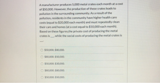 A manufacturer produces 5,000 metal crates each month at a cost of $50,000. However, the production of these crates leads to