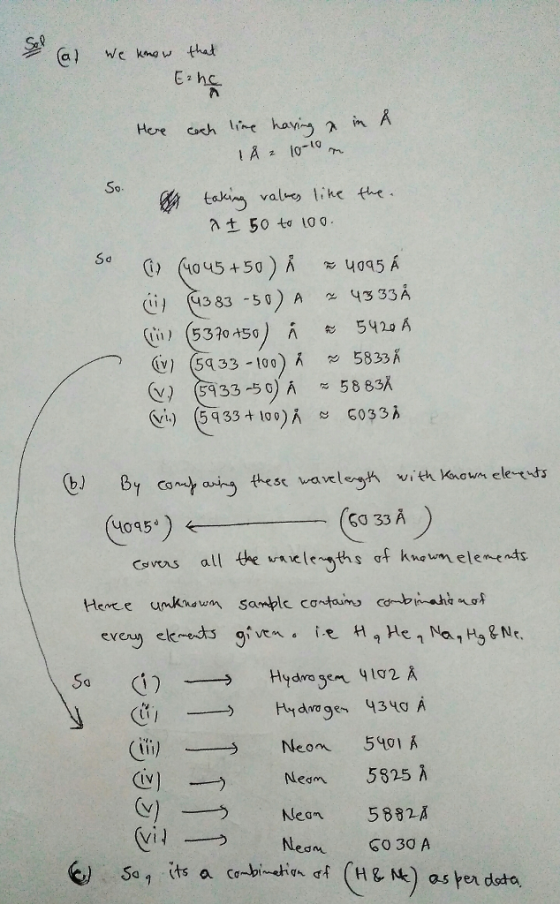 a) e know thet Here cach like hans, λ in A So A±50 to lag (u 4383 5) A 43 33.A () (5933 100) 5833 K 30) A 58 83k (vi) 5435 100) A s 6o33 4045 covors all te releyths of kmomelemends Sa (j) Hydrogen 41g2 λ -→ (iii) (y) (y) Neon 5401 A Neon 5825 λ Klean 5882A Nen G0 30 A -) .-ㄧㄧ -→