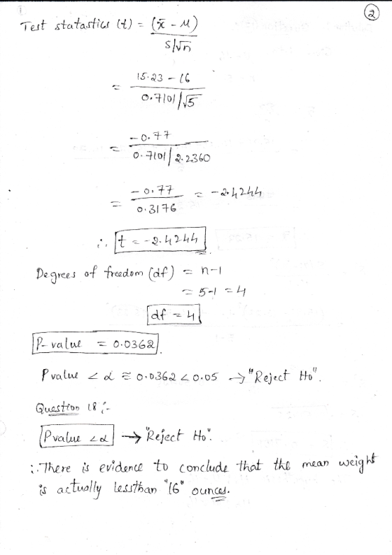 Test statastics it Shin A 15.23 -16 0.710115 -0.77 0.71012.2360 -0.77 2-2-424h 0.3176 t = -2.424h] Degrees of freedom (af) =