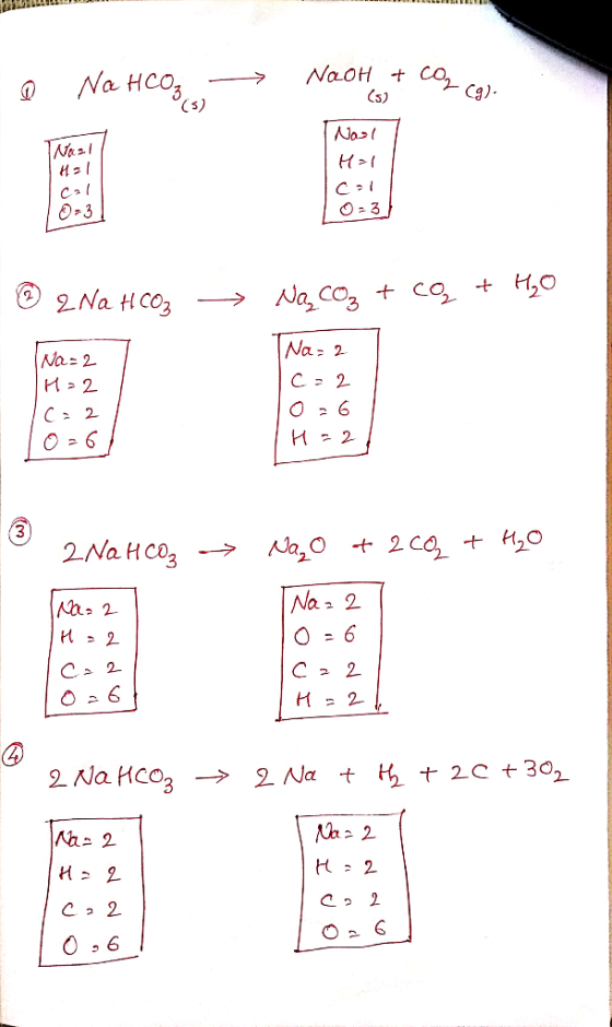 ca NaoH t Na HCos Cg) Cs) No ا حول Na 1 C Cal 2Na HCO3 -> NaCo3 co + H,0 Na 2 Na- 2 H 2 O 6 Ca 2 H 2 O= 6 Na,O 2 Co ,0 2Na HC