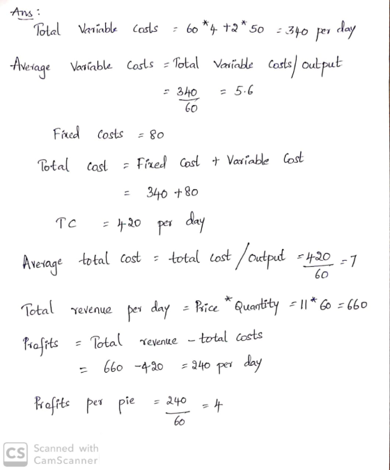 Ans: Total Variable costs = 60 *4 +2 * 50 - 340 per day Variable costs - Total Variable - 340 = 5.6 Fired costs = 80 Total co