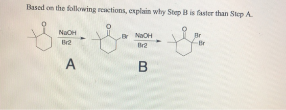Based on the following reactions, explain why Step B is faster than Step A. مل NaOH Br2 ور Br NaOH Br -Br Br2 A B