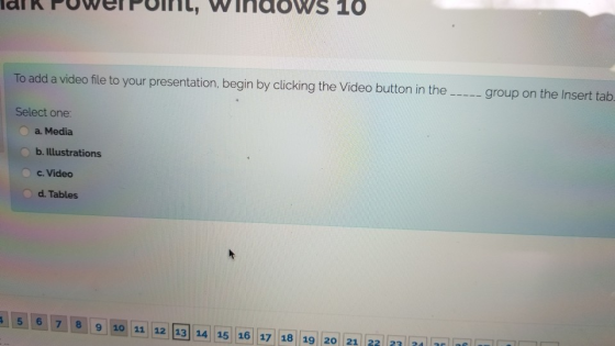 To add a video file to your presentation, begin by clicking the Video button in the group on the Insert tab Select one a. Med