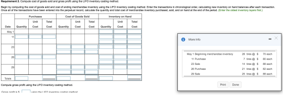Requirement 2. Compute cost of goods sold and gross profit using the LIFO inventory costing method Begin by computing the cos