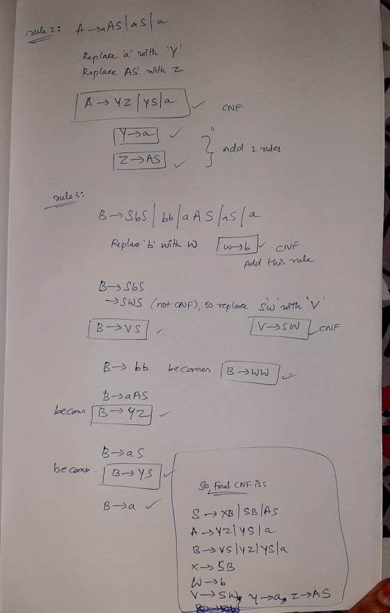 sule 2: AaAs lasla Replace à with Y Replace As with a A → Y2 lysla CNF Yta Add 2 rules 2→AS sule 3: B~ 365 / bb la As/as/a