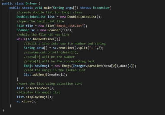 public class Driver { public static void main(String args[]) throws Exception { // create double list for Emoji class Doublel