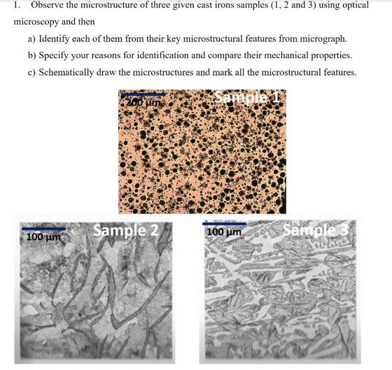 1. Observe the microstructure of three given cast irons samples (1, 2 and 3) using optical microscopy and then a) Identify ea