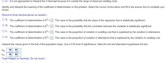OD. It is not appropriate to interpret the Y-intercept because it is outside the range of observed wedding costs. Identify an