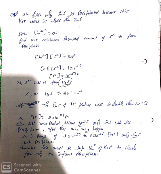View od at first only and get fucifitated because its Ksp value is less than Zn. siva (ear] =o) find out minimum Reclised am