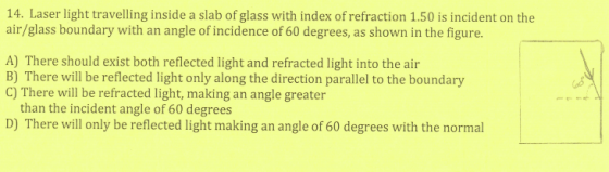 14. Laser light travelling inside a slab of glass with index of refraction 1.50 is incident on the air/glass boundary with an